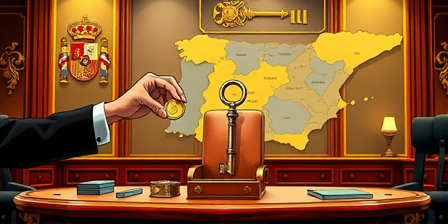 Una ilustración satírica de estilo editorial. Un escritorio presidencial lujoso donde una mano invisible intenta entregar una moneda minúscula a una persona que sostiene una llave gigante de una caja fuerte. Al fondo, un mapa de España donde algunas regiones brillan en dorado y otras están en gris. Estilo de caricatura política moderna, colores contrastados, atmósfera de tensión burocrática.