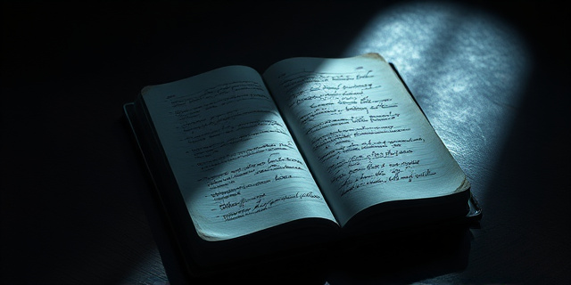 Una libreta azul desgastada, abierta sobre una mesa de madera oscura. La libreta está llena de anotaciones manuscritas ilegibles, con manchas de tinta y arrugas en el papel. Alrededor de la libreta, sombras alargadas sugieren un ambiente de secretismo y corrupción. El foco de luz ilumina solo la libreta, dejando el resto de la escena en penumbra. Estilo hiperrealista, colores apagados y atmósfera noir.