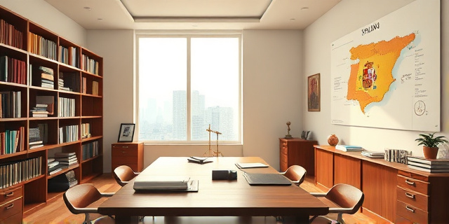 Un despacho gubernamental iluminado por luz tenue, estanterías llenas de libros, una mesa de madera con documentos y un gran mapa de España en la pared, reflejo de la transparencia y el poder, con una ventana que deja ver el horizonte urbano.