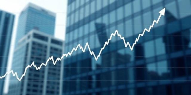 Un gráfico de acciones de una empresa tecnológica con una tendencia a la baja, con un fondo de un edificio de oficinas en la ciudad