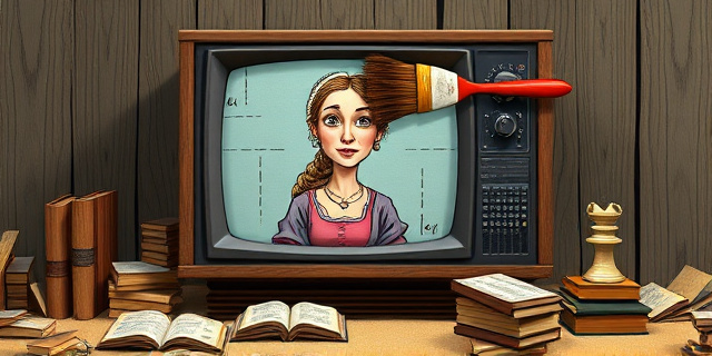 Una ilustración satírica estilo caricatura editorial. Un televisor antiguo de madera donde la pantalla es un lienzo siendo pintado por un pincel gigante que borra la figura de una mujer histórica y dibuja encima una etiqueta moderna. Alrededor del televisor, libros de historia antiguos se deshacen como arena. Colores contrastados, ambiente de estudio televisivo surrealista.