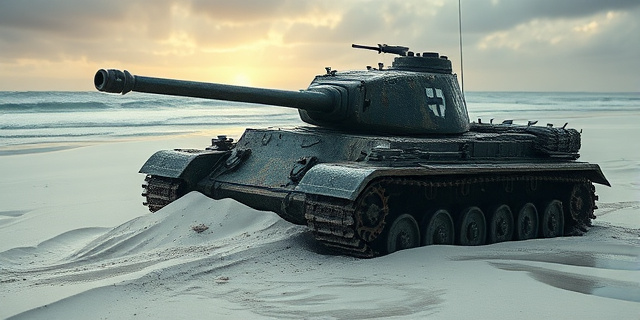 Una pintura conceptual hiperrealista de un tanque de asalto alemán de la Segunda Guerra Mundial siendo parcialmente desenterrado de una duna de arena blanca junto a un mar grisáceo y tormentoso. El tanque muestra pintura de camuflaje desgastada y marcas blancas en el cañón. Estilo cinematográfico, iluminación dramática de atardecer frío, enfoque en la textura del metal oxidado y la arena húmeda.