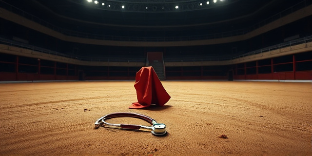 Una ilustración conceptual y dramática. Un primer plano de una arena de toros vacía y polvorienta, donde en el centro destaca un capote rojo abandonado y un estetoscopio médico caído sobre la arena, simbolizando la colisión entre el espectáculo taurino y la urgencia hospitalaria. Estilo cinematográfico, luces contrastadas, atmósfera melancólica.