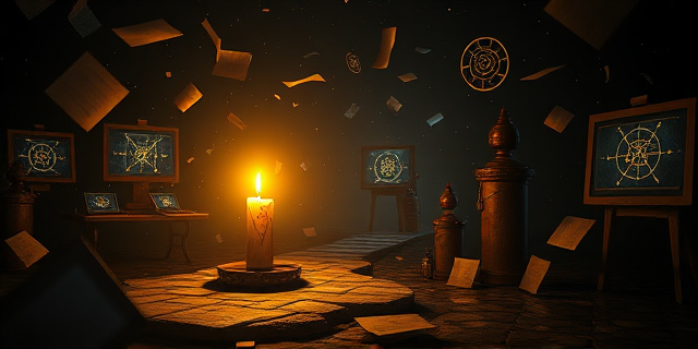 Una ilustración conceptual de estilo surrealista donde una vela antigua y brillante ilumina un camino en medio de una tormenta de papeles, pantallas digitales rotas y símbolos astrológicos flotantes en la oscuridad. El contraste entre la luz cálida de la vela y el caos frío y oscuro del entorno, representando la razón frente a la desinformación.