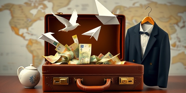 Una ilustración satírica de un maletín de cuero lujoso que se abre y, en lugar de documentos, salen billetes de euro volando como pájaros hacia un avión de papel. Al lado, una pieza de porcelana fina rota y un esmoquin colgado de una percha de oro, todo sobre un fondo de mapas mundiales difuminados. Estilo editorial de revista política, colores contrastados, atmósfera de ironía.