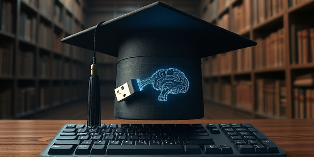 Una ilustración satírica y conceptual. Un birrete académico de graduación colocado sobre un teclado de computadora moderno. Del birrete, en lugar de un diploma, sale un cable USB que se conecta a un cerebro mecánico hecho de circuitos integrados. El fondo es una biblioteca antigua de madera oscura con libros polvorientos, creando un contraste entre la tradición académica y la frialdad de la inteligencia artificial. Estilo surrealista, iluminación dramática.