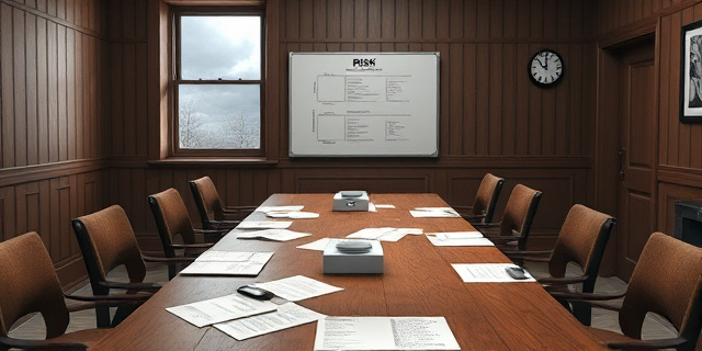 Una sala de reuniones austera con una mesa de madera gastada, sobre ella papeles desordenados, una pizarra con diagramas de riesgos, un reloj de pared que marca la hora de la crisis y una ventana que muestra nubes tormentosas, todo sin rostros ni texto visible