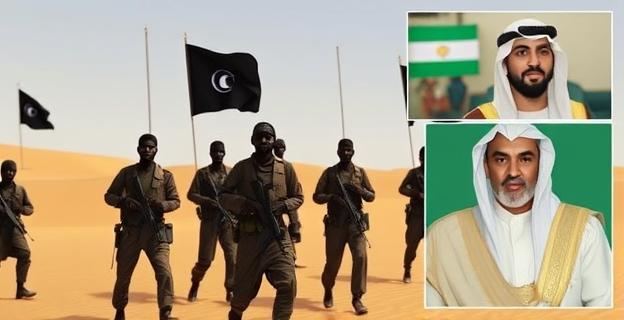 Imagen de un grupo de hombres armados con rifles y banderas negras en el desierto, con un mapa de Malí al fondo y una imagen borrosa de un jeque emiratí siendo liberado