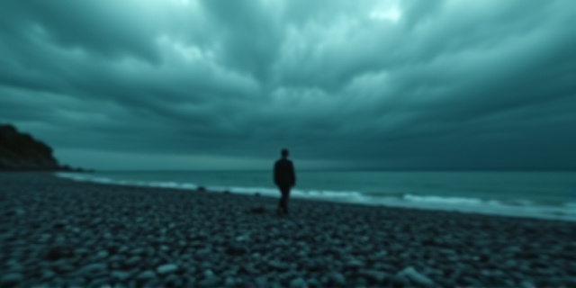 Imagen conceptual: Una playa rocosa y desolada con una silueta borrosa de una figura humana caminando hacia el mar, bajo un cielo nublado y tormentoso. Colores fríos y apagados. Estilo pictórico expresionista, con pinceladas gruesas y texturizadas. Representa la soledad, la desesperación y la incertidumbre del futuro. Sin rostros visibles.