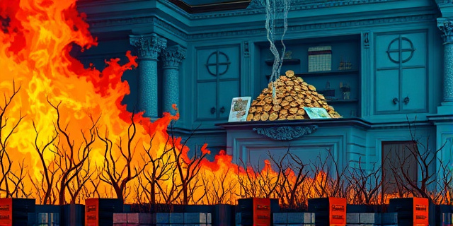 Una ilustración satírica de un bosque seco y ardiendo en primer plano, mientras al fondo se ve una oficina gubernamental lujosa y fría con una montaña de monedas de oro y billetes europeos acumulando polvo y telarañas. Estilo editorial de revista, colores contrastados entre el naranja del fuego y el azul gélido de la burocracia.