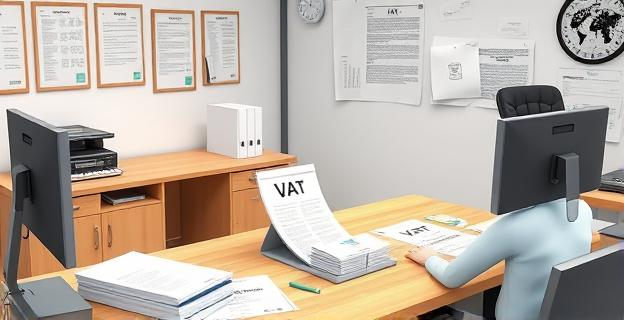 Oficina con documentos oficiales y una persona trabajando en un escritorio con una computadora y papeles relacionados con trámites del IVA