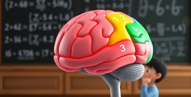Imagen conceptual de un cerebro procesando números, con áreas de actividad resaltadas en diferentes colores, representando la función ejecutiva y la detección de errores. Al fondo, una pizarra con ecuaciones matemáticas y un niño pensativo en primer plano.