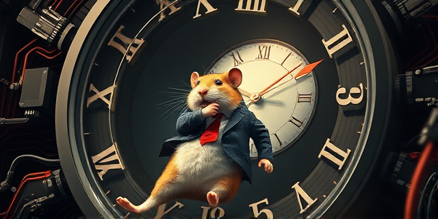 Una ilustración satírica de un hámster con traje ejecutivo corriendo frenéticamente en una rueda gigante hecha de circuitos integrados y cables de fibra óptica. Al fondo, un reloj de pared que se deshace como Dalí, simbolizando la pérdida del tiempo libre. Estilo editorial de revista económica, colores contrastados, atmósfera cínica y moderna.