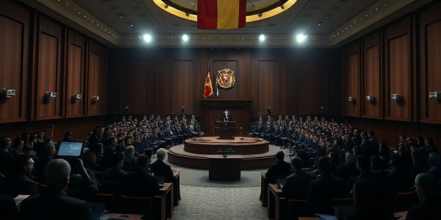 Interior de una sala de prensa del Congreso de los Diputados, con un atril, periodistas de fondo, luces de escenario, tensión palpable, sin rostros reconocibles, ambiente formal y dramático