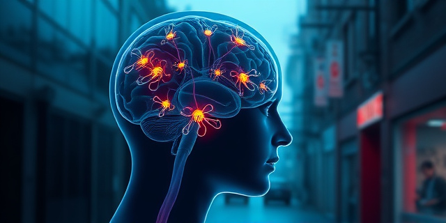 Una ilustración conceptual y surrealista que muestra la silueta de una cabeza humana transparente. Dentro del cerebro, en lugar de neuronas, se ven pequeñas formas orgánicas y abstractas de parásitos brillantes y filamentosos que parecen hilos de marioneta controlando la mente. El fondo es un contraste entre un entorno clínico frío y una calle urbana caótica, estilo arte digital moderno con colores neón y sombras profundas.