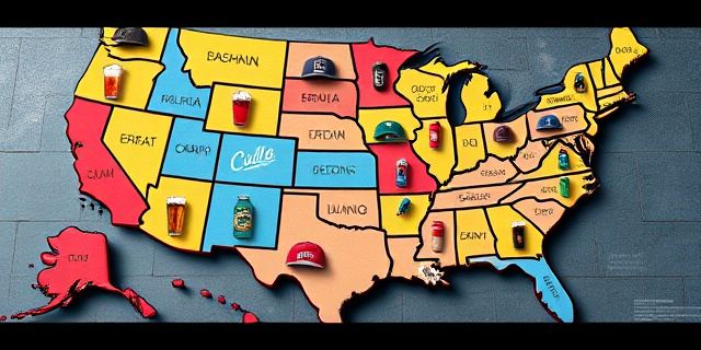 Una ilustración urbana que muestra un mapa de EE. UU. con iconos de bebidas, zapatillas y sombreros representando distintas palabras regionales, colorido y con tipografía callejera