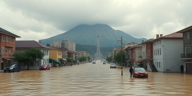 Una imagen de una ciudad inundada, con agua cubriendo las calles y edificios, y personas intentando evacuar. En el fondo, una montaña con nubes oscuras y lluvia.