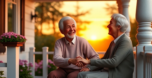 Una pareja de ancianos sentados en un porche, sonriendo y tomados de la mano, con un fondo de un jardín florido y una puesta de sol.