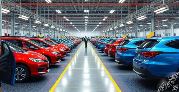 Una fábrica de automóviles con varias líneas de producción en diferentes colores y materiales, con trabajadores en el área de montaje, en un contexto de suspensión temporal de actividades.