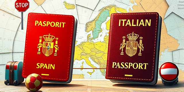 Una ilustración conceptual y satírica. Dos pasaportes gigantes, uno con los colores de España y otro con los de Italia, enfrentados como si fueran boxeadores en un ring. El fondo es un mapa de Europa fragmentado como un cristal roto, con maletas de viaje abandonadas y señales de stop. Estilo editorial de revista política, colores vibrantes y trazos fuertes.