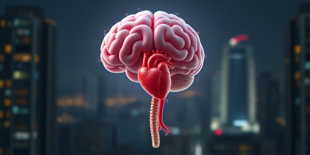 Un cerebro estilizado conectado a un corazón y una columna vertebral, con líneas de energía que fluyen entre ellos, representando la retroalimentación entre la mente y el cuerpo. El fondo es un paisaje urbano nocturno, luces parpadeantes que sugieren actividad neuronal.