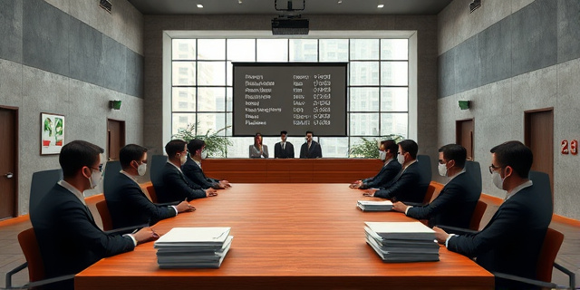 Una escena de un tribunal moderno, con paredes de concreto y una gran ventana que deja entrar la luz del día. En el centro, una mesa de madera donde se colocan carpetas con documentos. Al fondo, un proyector muestra cifras y nombres en pantalla. La atmósfera es tensa, con gente en trajes elegantes, pero con un aire de informalidad, como si cada palabra fuese un juego de apuestas. El escenario transmite la mezcla de poder y corrupción, donde los edificios y las promesas se entrelazan como piezas de un rompecabezas.