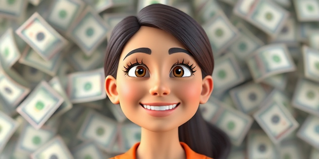 Una mujer con un fondo de dinero y empresas, con una sonrisa en el rostro