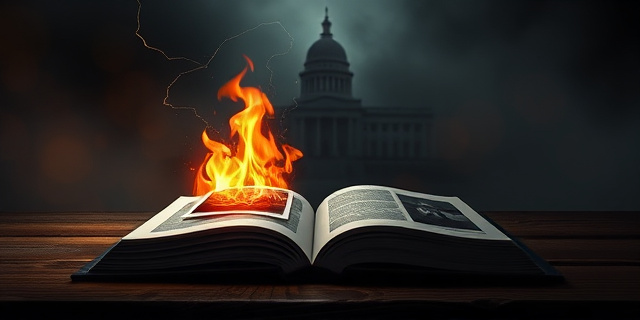 Una ilustración conceptual de estilo editorial. Un libro abierto sobre una mesa de madera oscura, donde de sus páginas emergen fotografías polaroide que se transforman en chispas de fuego. Al fondo, la silueta de un edificio gubernamental envuelta en una niebla densa y misteriosa. Colores contrastados: sombras profundas y destellos naranjas y rojos, transmitiendo una sensación de traición y secretos revelados.