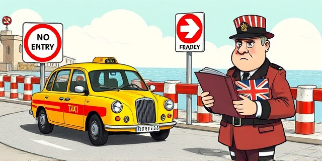 Una ilustración satírica de un taxi amarillo español detenido frente a una señal de prohibido en una frontera costera. Al lado, un inspector con uniforme británico y expresión severa sostiene un talonario de multas gigante. Estilo de caricatura editorial de periódico, colores contrastados, atmósfera irónica.