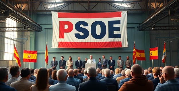 una imagen de un mitin político en un edificio industrial con un ambiente de sospecha y corrupción, con un gran cartel del PSOE al fondo y un alcalde investigado sentado en primera fila