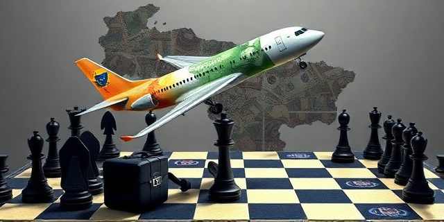 Una ilustración conceptual y satírica. Un avión comercial de lujo hecho de billetes de euro y dólares, aterrizando en un tablero de ajedrez donde las piezas son maletines negros y sellos oficiales de gobierno. Al fondo, una sombra de un mapa de Venezuela fundiéndose con un banco suizo. Estilo editorial de revista política, colores contrastados, atmósfera de intriga y opulencia corrupta.