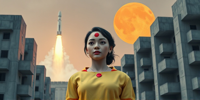Una ilustración conceptual que contraste la frialdad de la arquitectura brutalista soviética en tonos grises y cemento con una figura femenina brillante que viste ropa colorida y un punto rojo tradicional en la frente. Al fondo, un cohete antiguo de los años 60 despegando hacia un planeta Venus anaranjado, estilo arte cinematográfico moderno con iluminación dramática.