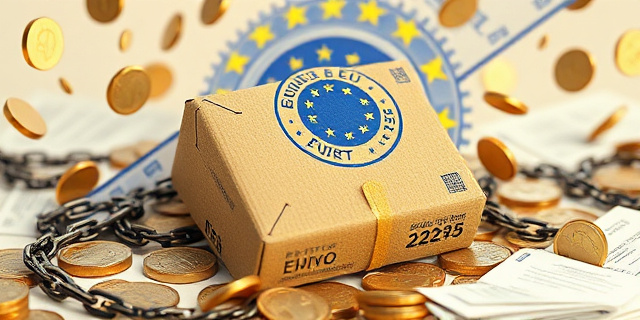 Una ilustración conceptual y satírica. Un pequeño paquete de cartón artesanal siendo aplastado por un sello burocrático gigante con la bandera de la Unión Europea. Alrededor del paquete, monedas de euro cayendo como lluvia y formularios infinitos que se enroscan como cadenas.