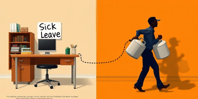 Una ilustración conceptual y satírica. En un lado de la imagen, un escritorio de oficina vacío con un cartel de 