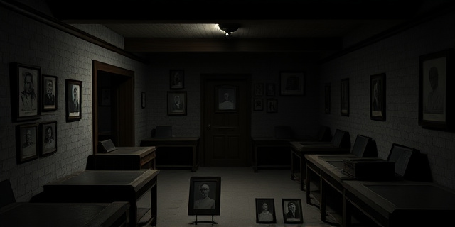 Una casa antigua de estilo colonial en Connecticut, con un sótano oscuro lleno de mesas de embalsamamiento, cajas de ataúdes y fotografías de personas con insignias de muerte. La luz tenue proyecta sombras que parecen moverse. El ambiente es gris y húmedo, con un toque de aire de desuso.