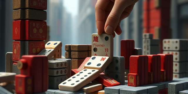 Una maqueta de ciudad futurista construida con bloques de dominó, algunos derrumbándose, con una mano que inserta monedas chinas en la base. Estilo pictórico, texturas rústicas, colores contrastados (rojo, dorado, gris). Iluminación dramática, sombras marcadas.