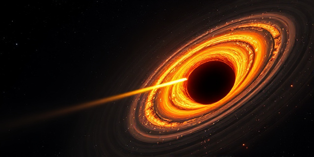 Una representación artística y surrealista de un agujero negro supermasivo en la periferia de una galaxia espiral. El agujero negro está desgarrando una estrella, creando un disco de gas incandescente y brillante con colores ultravioletas y naranjas intensos. Se ve un chorro relativista de energía disparándose al espacio profundo. Estilo cinematográfico, fondo de nebulosas oscuras y estrellas lejanas, alta resolución, contraste dramático entre la oscuridad del vacío y la luz cegadora de la estrella muriendo.