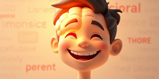 Una persona sonriente con un cerebro iluminado en la cabeza, rodeada de palabras y emociones