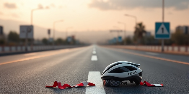 Una ilustración conceptual de una carretera ciclista española vacía y desolada que conduce hacia un horizonte urbano difuminado. En primer plano, un casco de ciclismo profesional abandonado sobre el asfalto, con una bandera de cuadros rota y señales de tráfico volcadas. El estilo debe ser cinematográfico, con colores saturados pero una atmósfera de melancolía y abandono, simbolizando la ausencia de las estrellas del deporte.