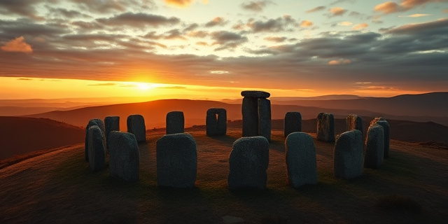 Una vista aérea abstracta de un círculo de piedras antiguas bajo un cielo crepuscular dramático, con largas sombras proyectándose sobre una colina ondulada. Utilizar una paleta de colores terrosos y dorados, con énfasis en la textura de las piedras y la atmósfera melancólica del paisaje. Estilo pictórico impresionista.