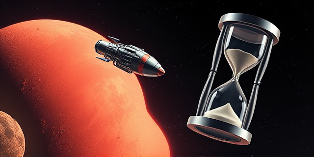 Una ilustración conceptual de estilo retro-futurista de los años 70. Se ve una sonda espacial metálica y detallada orbitando un planeta rojo polvoriento. Al lado, un reloj de arena gigante que se ha roto, simbolizando que el tiempo de la misión ha expirado mucho después de lo previsto. Colores saturados, estética de póster de la era espacial, sin texto.