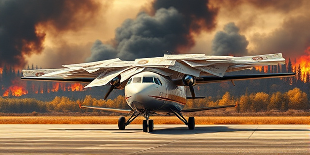 Una ilustración conceptual y satírica. En primer plano, un avión anfibio moderno y brillante estacionado en una pista de aterrizaje, cubierto por una enorme red de formularios burocráticos y sellos oficiales de papel que lo mantienen anclado al suelo. Al fondo, un bosque mediterráneo envuelto en llamas naranjas y humo negro, contrastando la inmovilidad del papel con la furia del fuego. Estilo editorial de revista, colores saturados, atmósfera de ironía social.