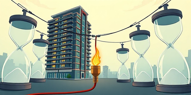 Una ilustración conceptual y satírica de un edificio de apartamentos moderno y lujoso, pero que está conectado a la red eléctrica mediante un cable delgado y precario que termina en un enchufe antiguo y chispeante. Alrededor del edificio, hay relojes de arena gigantes que simbolizan la espera burocrática, en un estilo artístico de caricatura editorial sofisticada, colores contrastados.