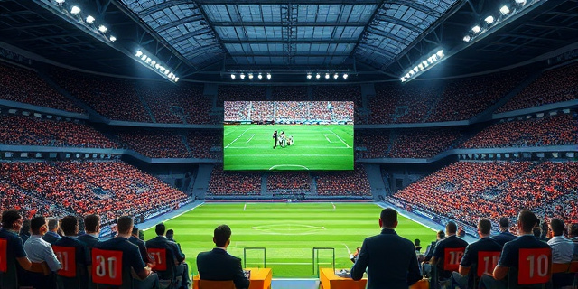 Una imagen de un estadio de fútbol lleno de público, con una gran pantalla de televisión en el centro mostrando un partido de fútbol, mientras un grupo de personas en un despacho discuten y gesticulan