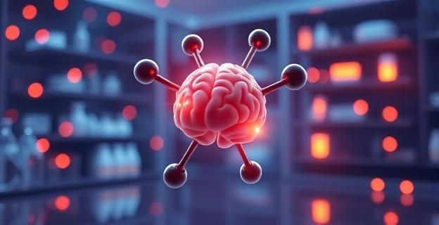 Una molécula futurista flotando en un laboratorio, con luces de fondo que representan la actividad neuronal. Un cerebro estilizado en el centro con conexiones sinápticas brillantes y un aura de calma alrededor.