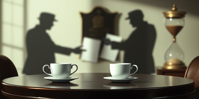 Una ilustración conceptual al estilo editorial de periódico. Una mesa de café elegante donde dos tazas de porcelana humean, pero las sombras proyectadas en la pared muestran a dos figuras estrechándose la mano mientras ocultan documentos detrás de la espalda. De fondo, un escudo policial difuminado y un reloj de arena que se rompe, simbolizando la traición y la manipulación del tiempo.