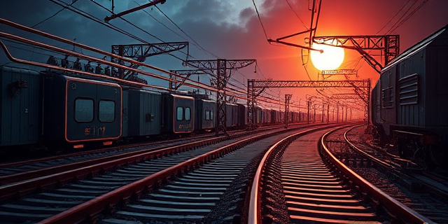 Representación artística de un circuito eléctrico ferroviario intrincado, con líneas de energía distorsionadas por ondas electromagnéticas que emanan de una representación estilizada del sol. Colores oscuros y vibrantes, con énfasis en la inestabilidad y el peligro. Texturas que sugieran metal corroído y chispas.