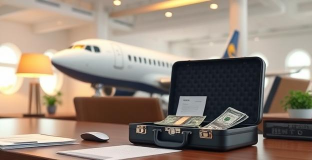 Una imagen de una oficina con documentos financieros y un maletín con dinero en efectivo, con un fondo de un avión de la aerolínea Plus Ultra