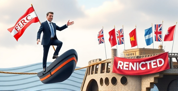 Imagen de un político en una cuerda floja, con un pie en un barco que se hunde y el otro en un terreno inestable, con múltiples partidos políticos al fondo rechazando su acercamiento. En el barco se ve una bandera con las siglas 
