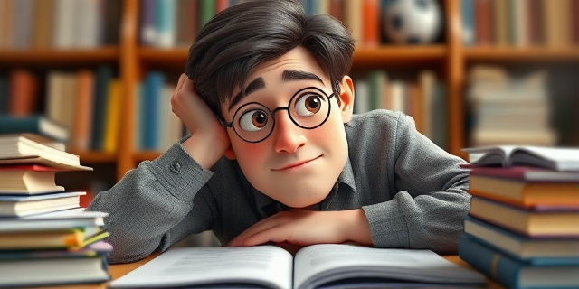 Una persona pensativa con la cabeza apoyada en la mano, rodeada de libros y papeles, con una expresión de concentración en su rostro
